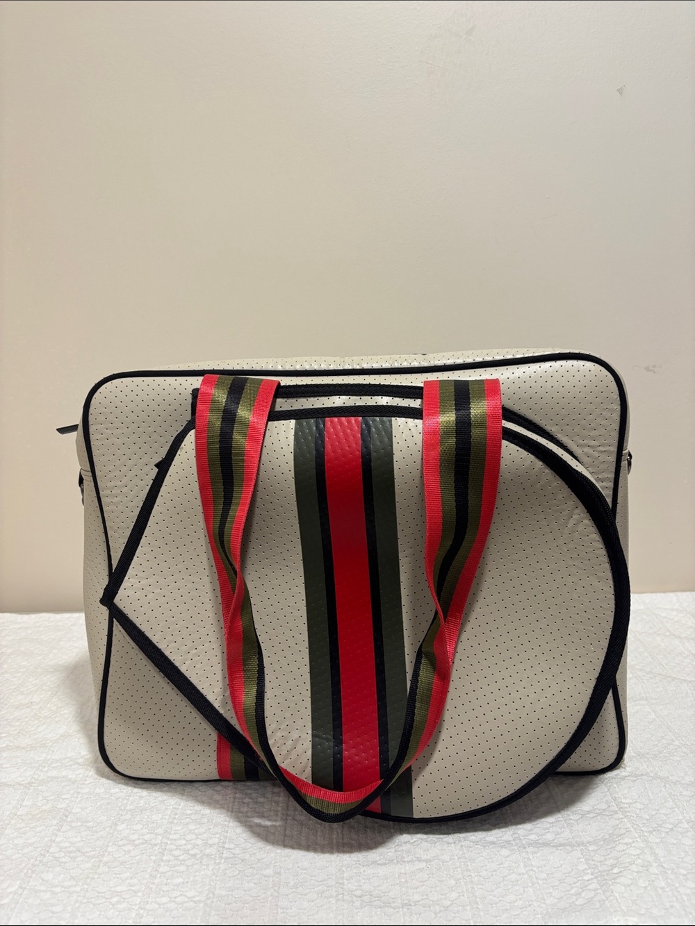 HAUTE SHORE Cream Tote with Red, Black and Olive Stripes